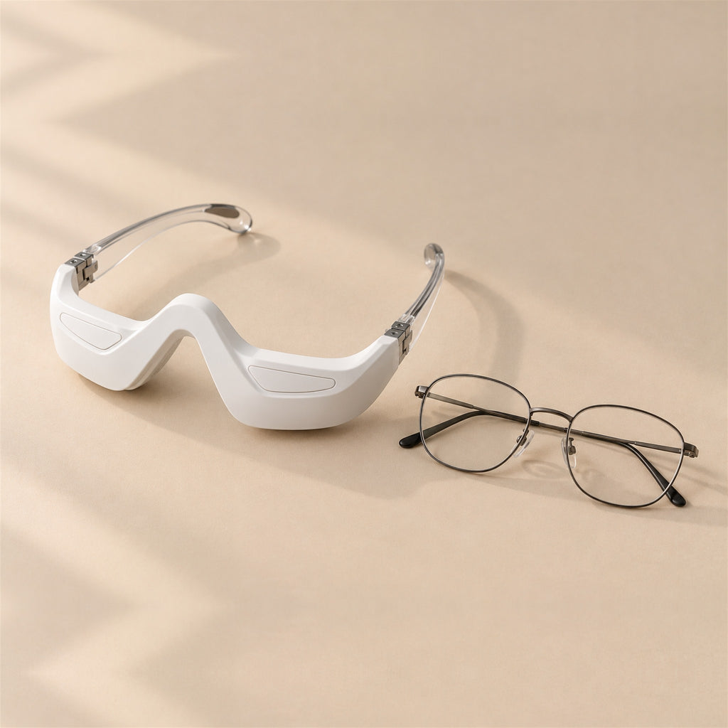 bewhile halo next to a pair of ordinary spectacles, to show its size (mockup)