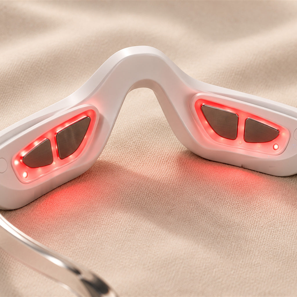 The inside of bewhile halo: red LEDs glowing around the metal EMS pads that sit under each eye (mockup)