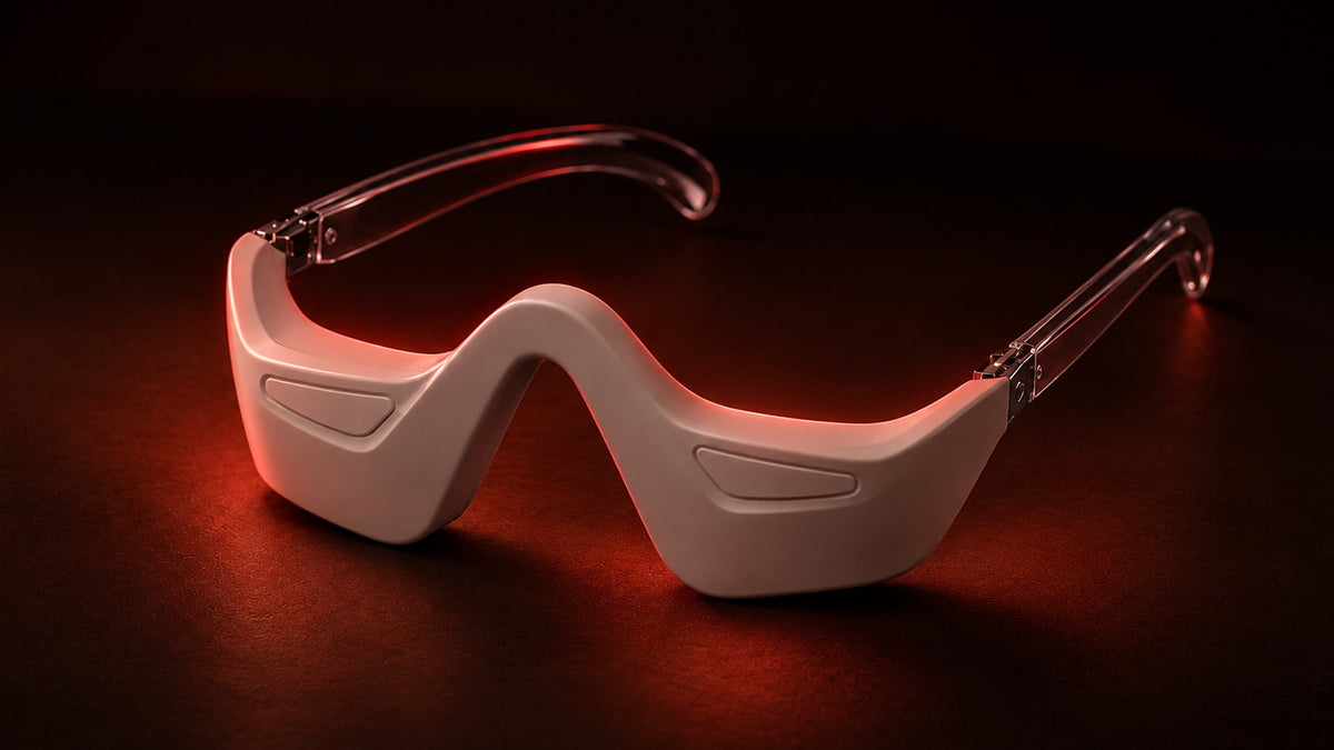 bewhile halo glowing warm red in a dark room (mockup)