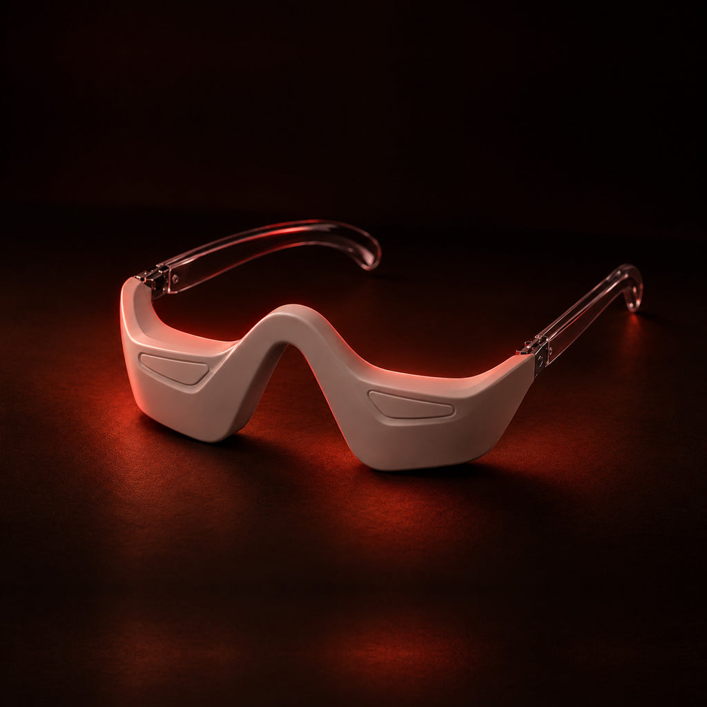bewhile halo switched on in a dark room, glowing warm red (mockup)