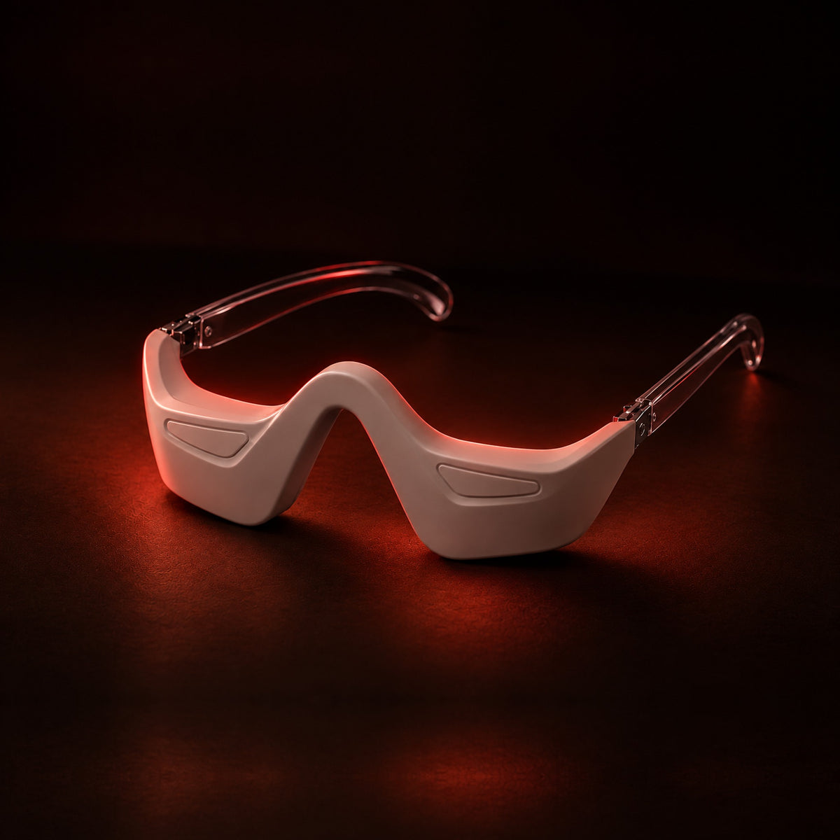 bewhile halo switched on in a dark room, glowing warm red (mockup)