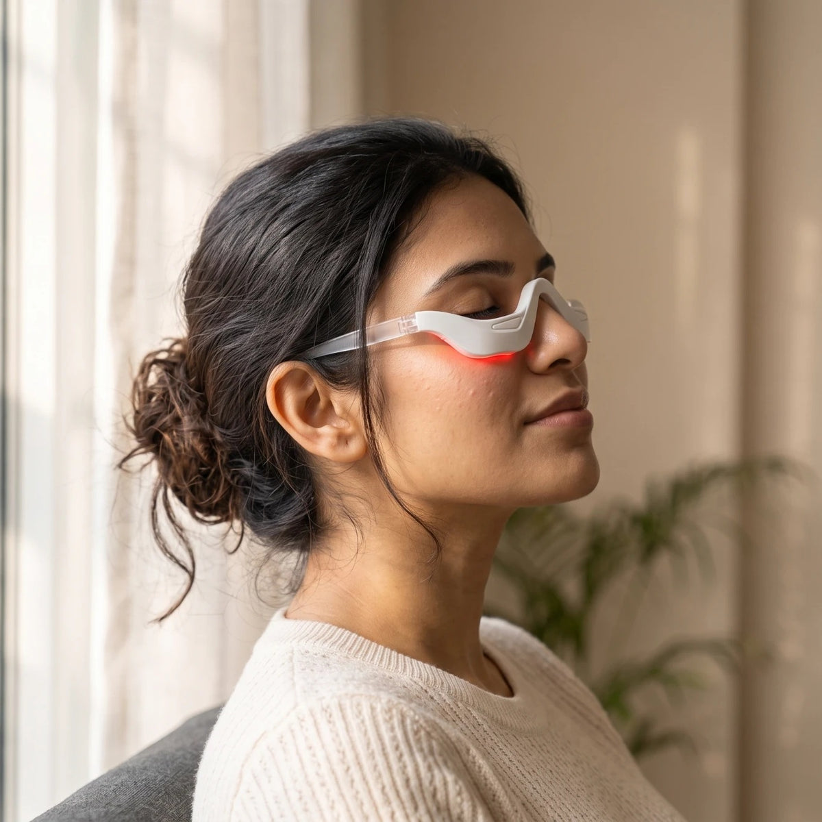 Side view of a woman wearing bewhile halo with her eyes closed, a soft red glow on her cheek (mockup)