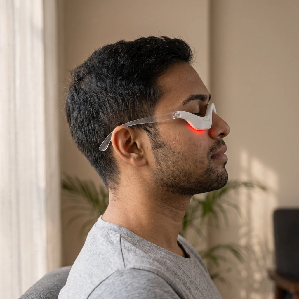 Side view of a man wearing bewhile halo, eyes closed and relaxed, a soft red glow under his eye (mockup)